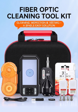 Load image into Gallery viewer, Fiber Optic Inspection &amp; Cleaning Kit – 400x Probe with Display + One-Click Cleaner Pen + Connector Cleaning Cassette

